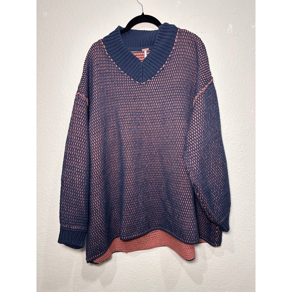 Free People Blue Orange Waffle Knit Oversized V-Neck Sweater Womens Medium - Picture 4 of 7